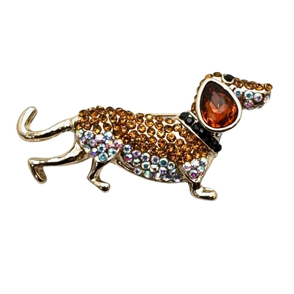 Crystal Dachshund Dog Gold Tone Brooch Pin New 1 3/4 Inch
